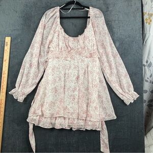Thirty/Thirty Pink & White ditzy floral pattern Babydoll Dress w/Bishop Sleeves
